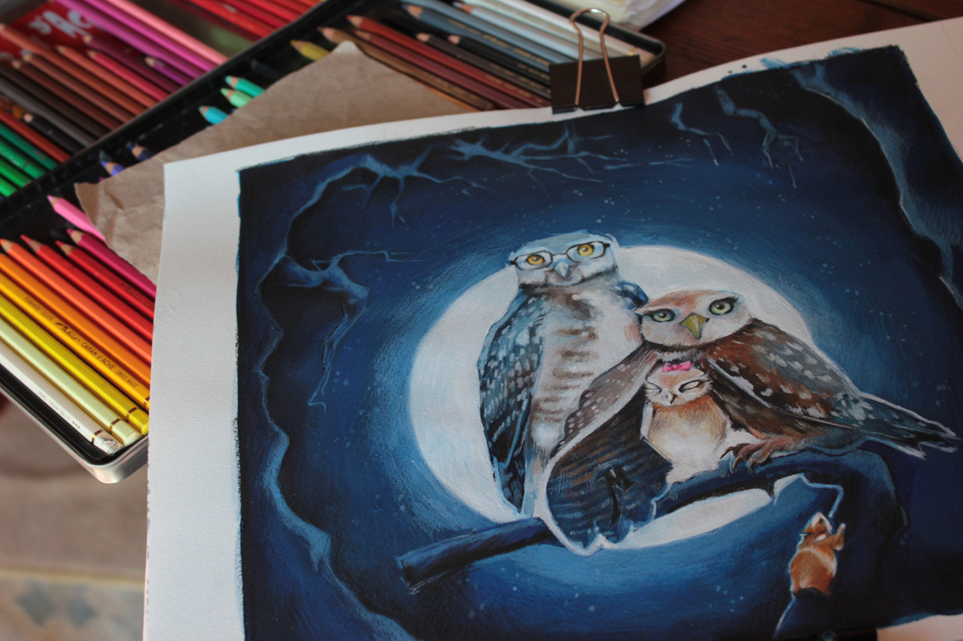 painting   acrylics owl family pencil full moon
