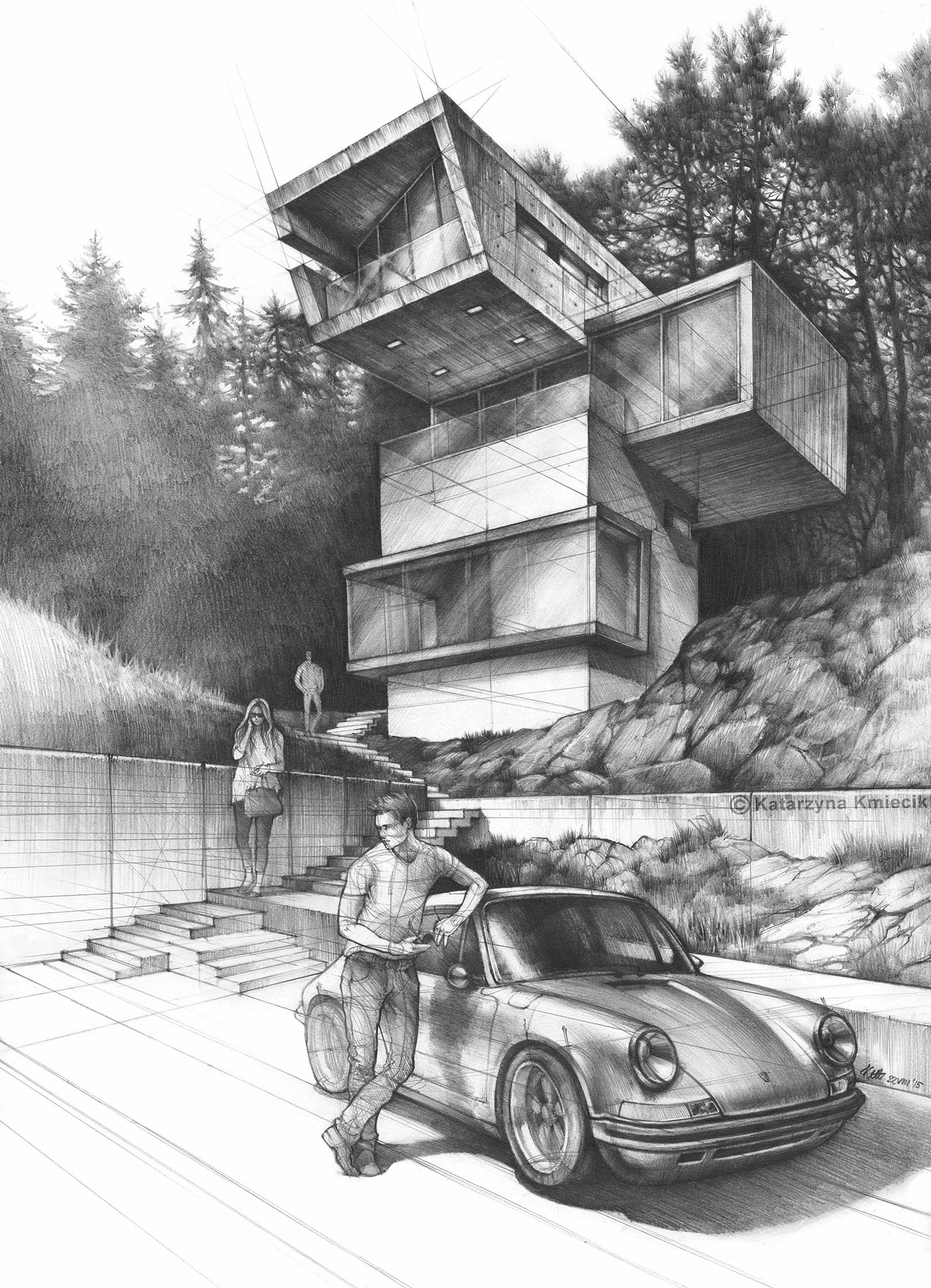 Modern house concept pencil drawing on Behance