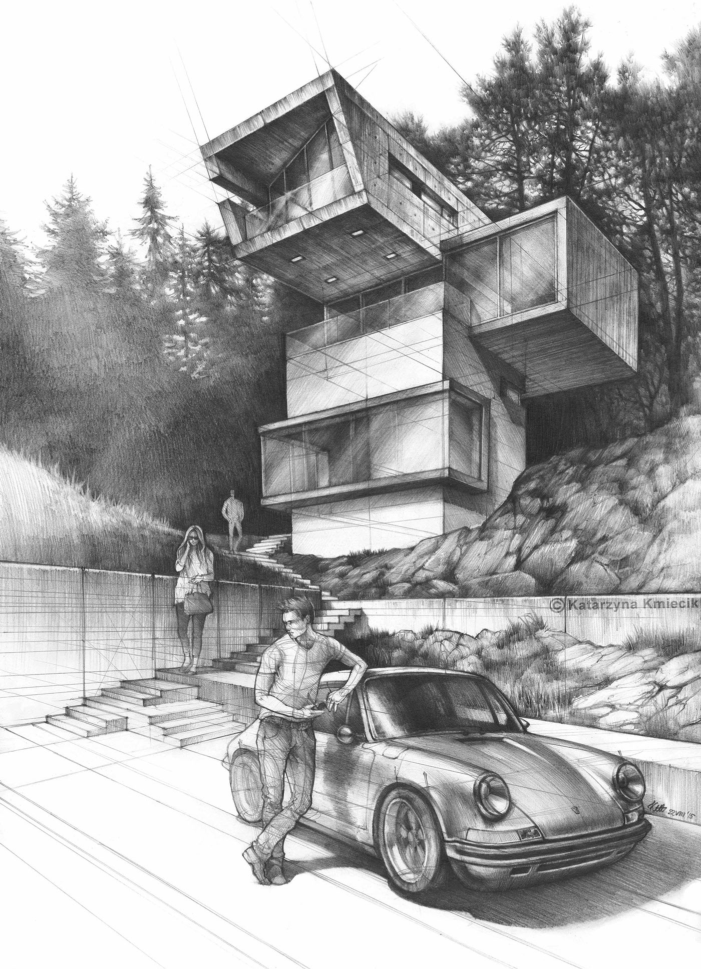 architecture Architectural Drawing ARCHITECTURE SKETCH modern architecture Porsche 911 Pencil drawing pencil Realistic drawing perspective drawing pencil sketch