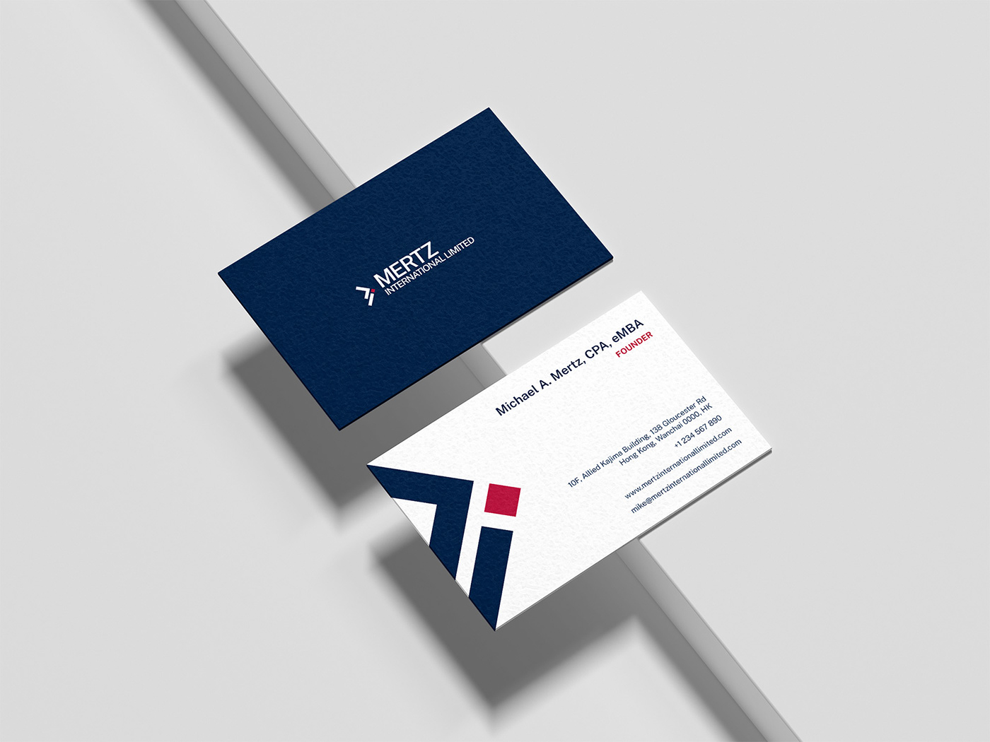modern minimalist blue and red business card design for US tax expert, financial services company