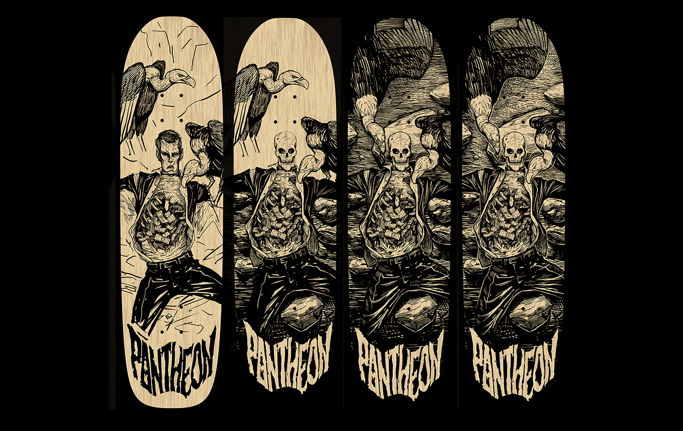 money skeleton zombie Vultures greed death memento mori LONGBOARD skateboard skater
