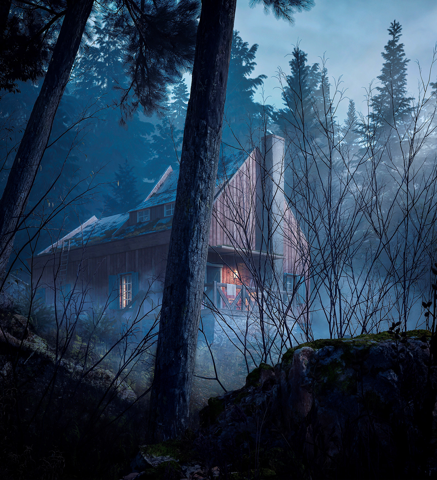 house forest Horror Art horror barn thriller 3D Visualization exterior fog horror digital art