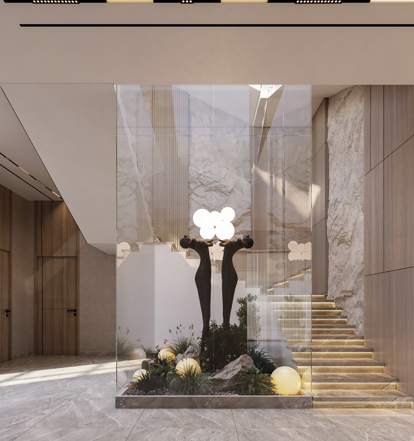 modern simple elegant monochrome Villa interior design  Entrance stairs design architecture