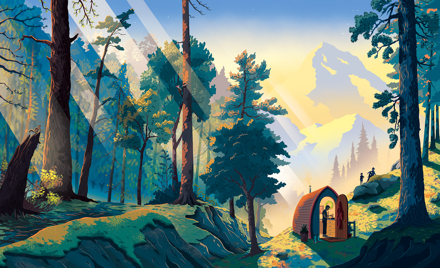 airbnb home cabin magazine cover woods forest ILLUSTRATION 