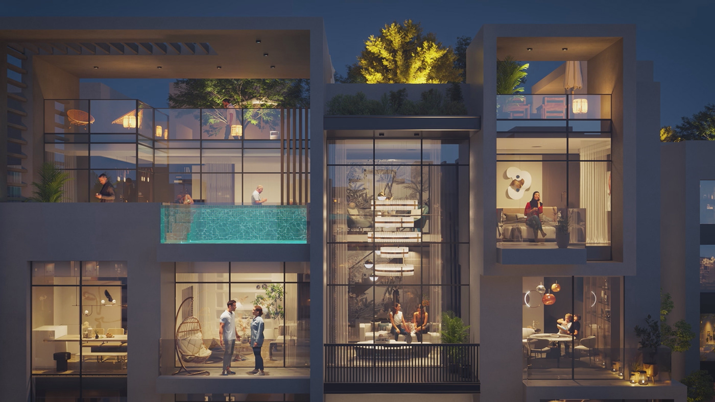 residences apartments building modern exterior architecture Landscape Design Render archviz animation 3d