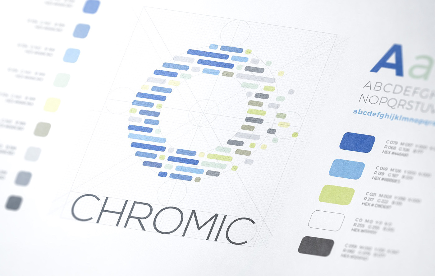 Close-up on the chromic logotype and mark surrounded by the logo palette and typography selection