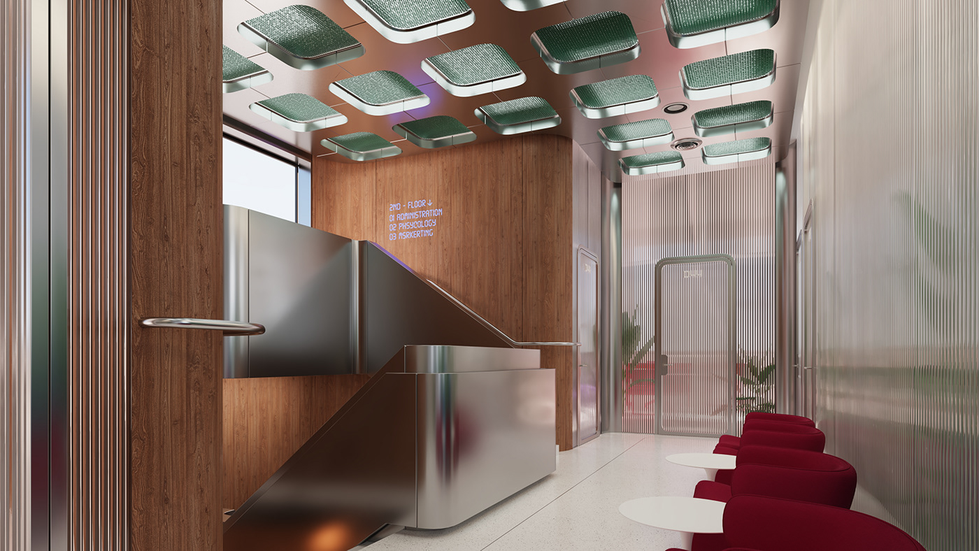 interior design  Retro FUTURISM Office Design cork Kubrick design corrugated glass space odyssey