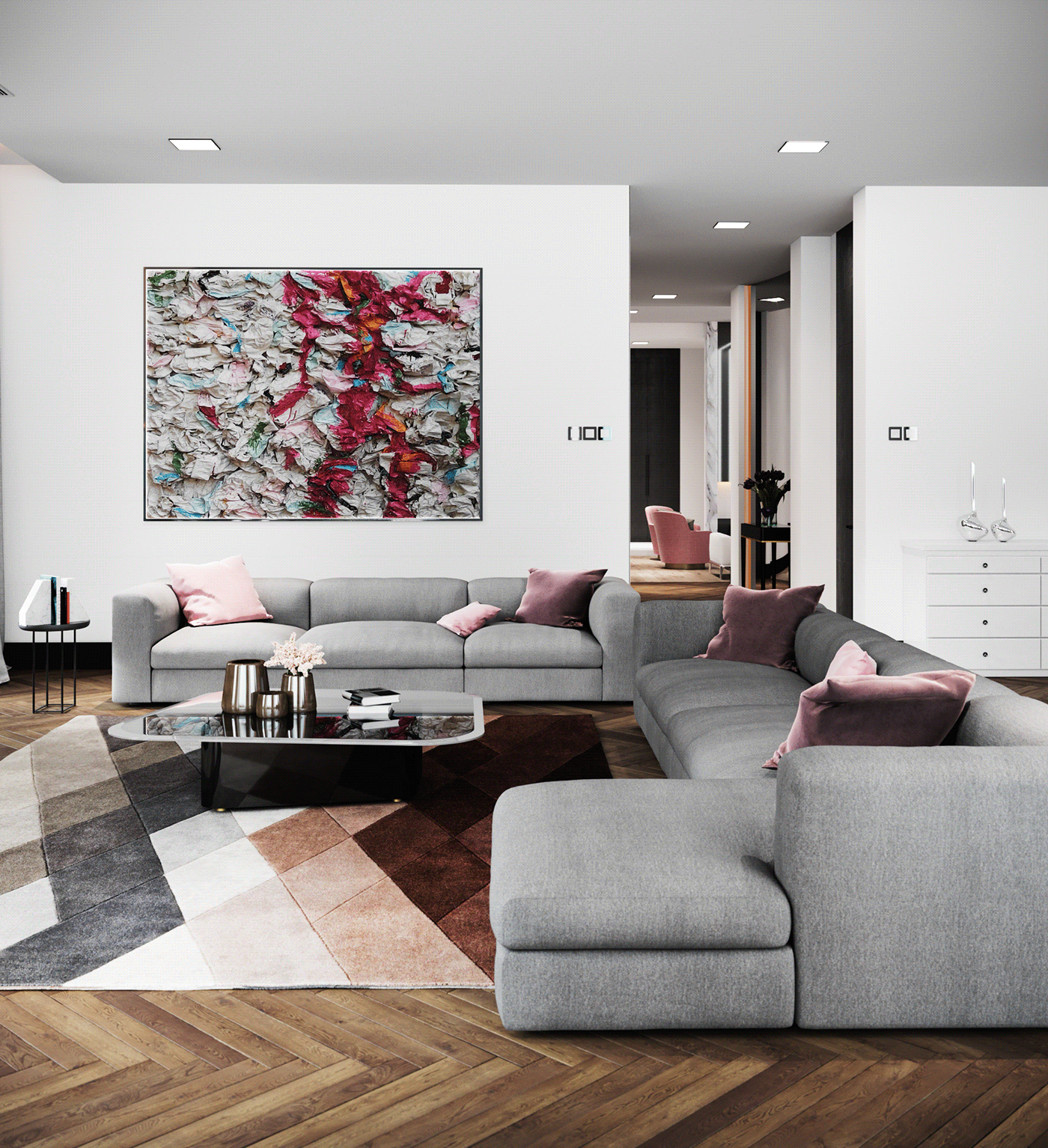 interior render High quality render corona kitchen living room diningroom tvroom pinkand blacj design free secnce free