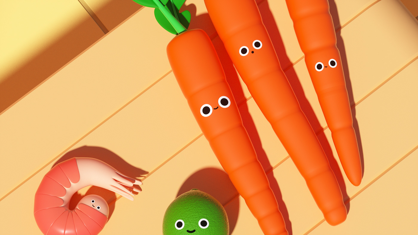 c4d octane Knorr twitter vegetables carrots Soup animation  CGI characters