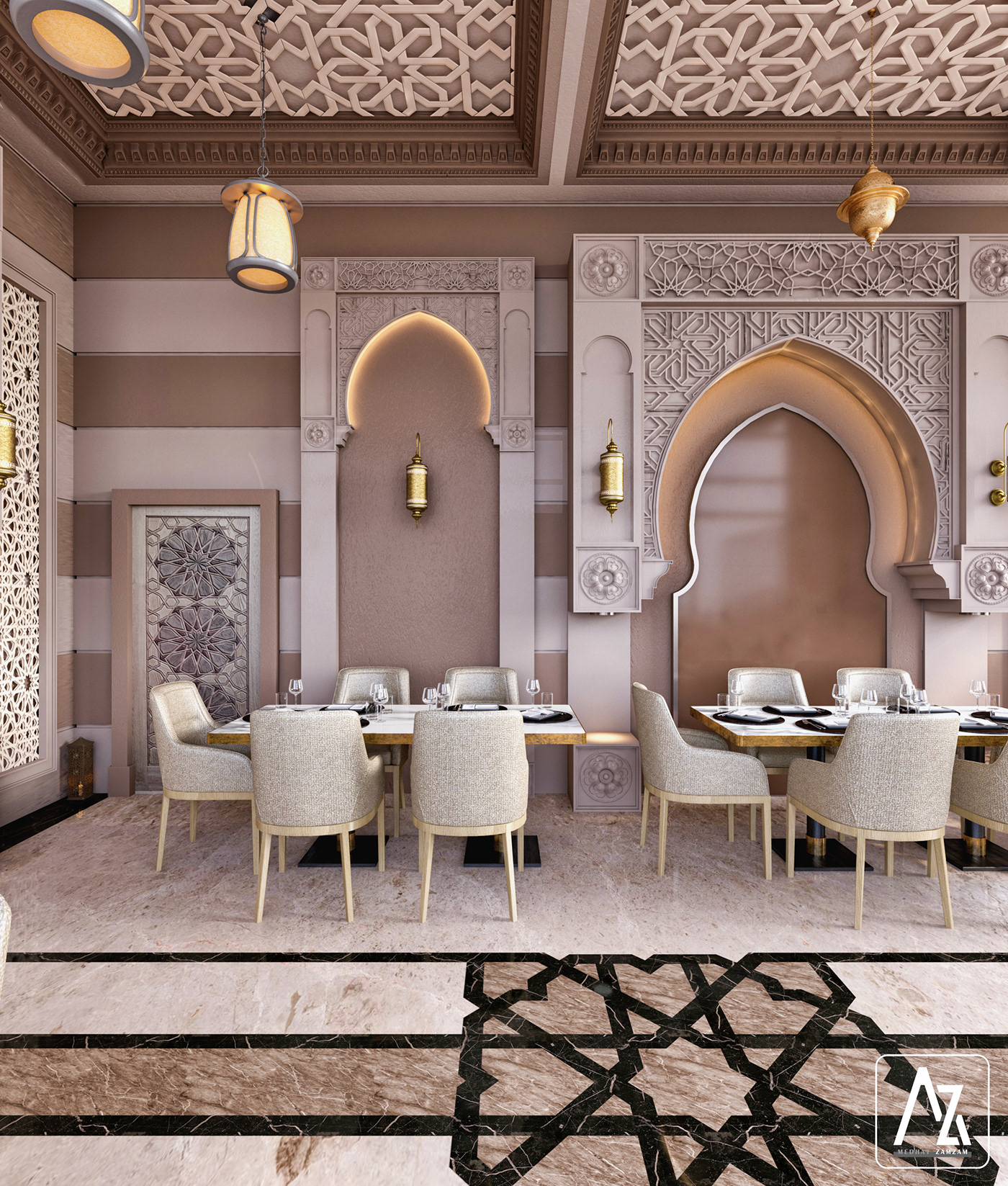 Andalusian arch arches Classic islamic ornaments restaurant vray