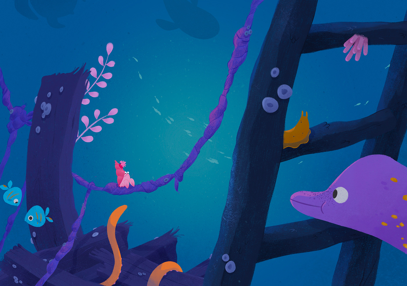 Character design  children illustration digital illustration fish Fun hermit crab Ocean Picture book publishing   underwater