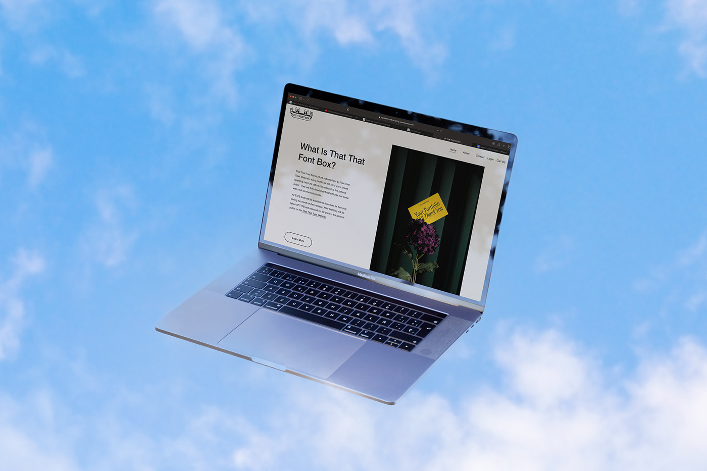 a floating lap top with the font box website