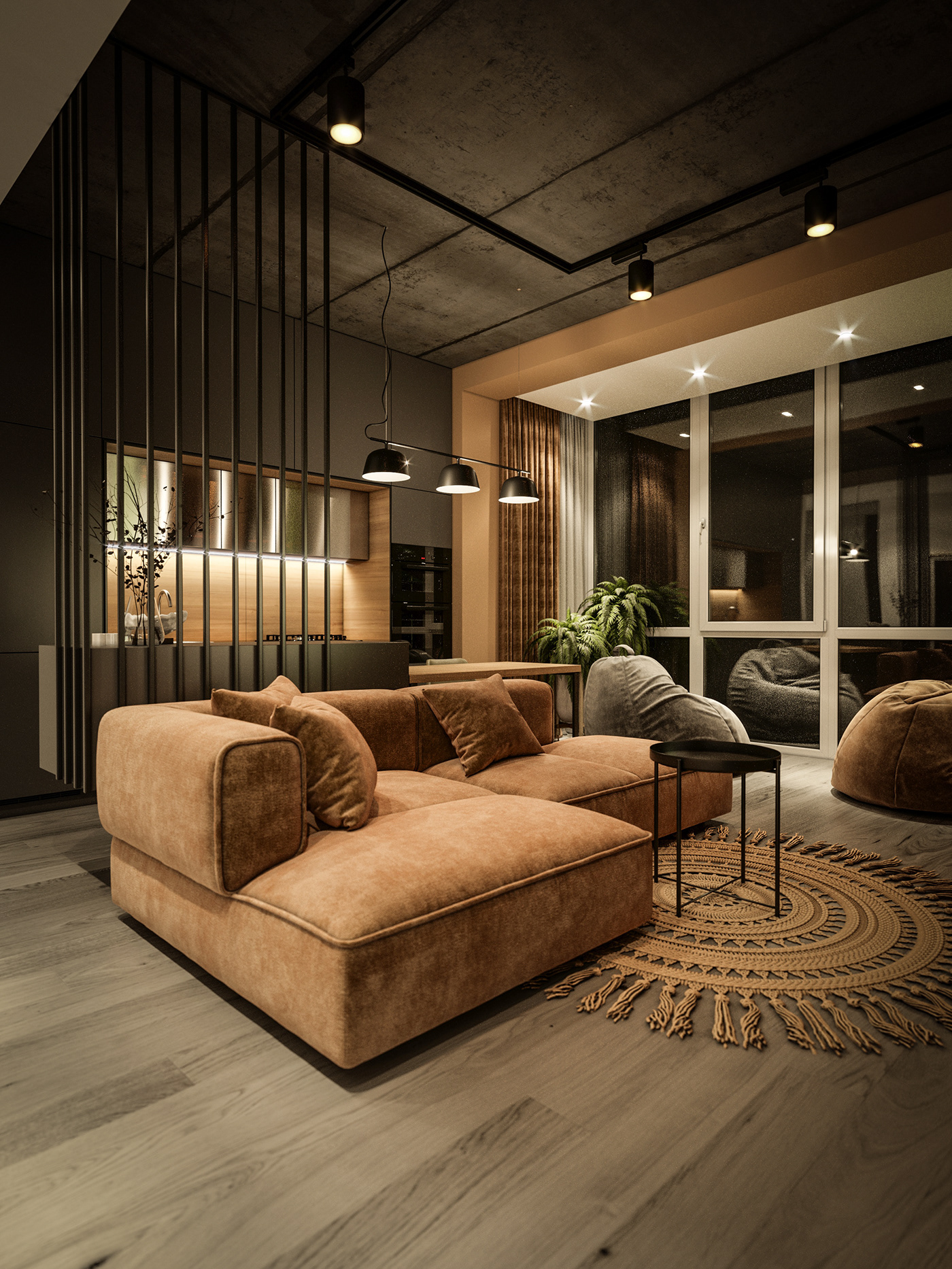 living room design bathroom corona Render visualization dark kitchen modern
