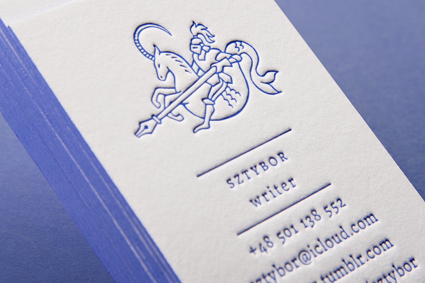 letterpress blue business card stamp identity polish design knight capricorn writer logo