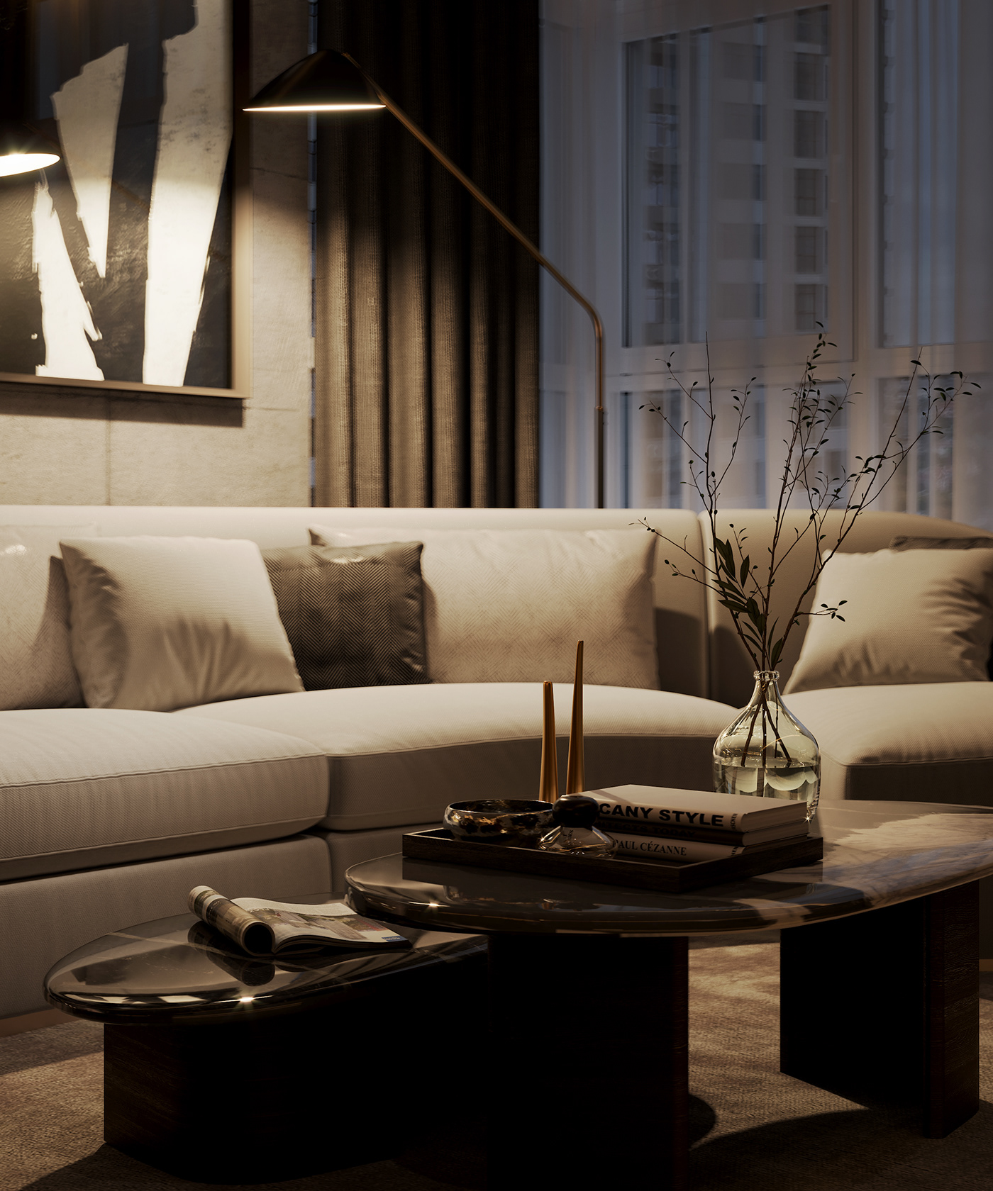 3dsmax boke CGI closeup CoronaRender  Day design Interior modern night sofa coffeetable decor pillows