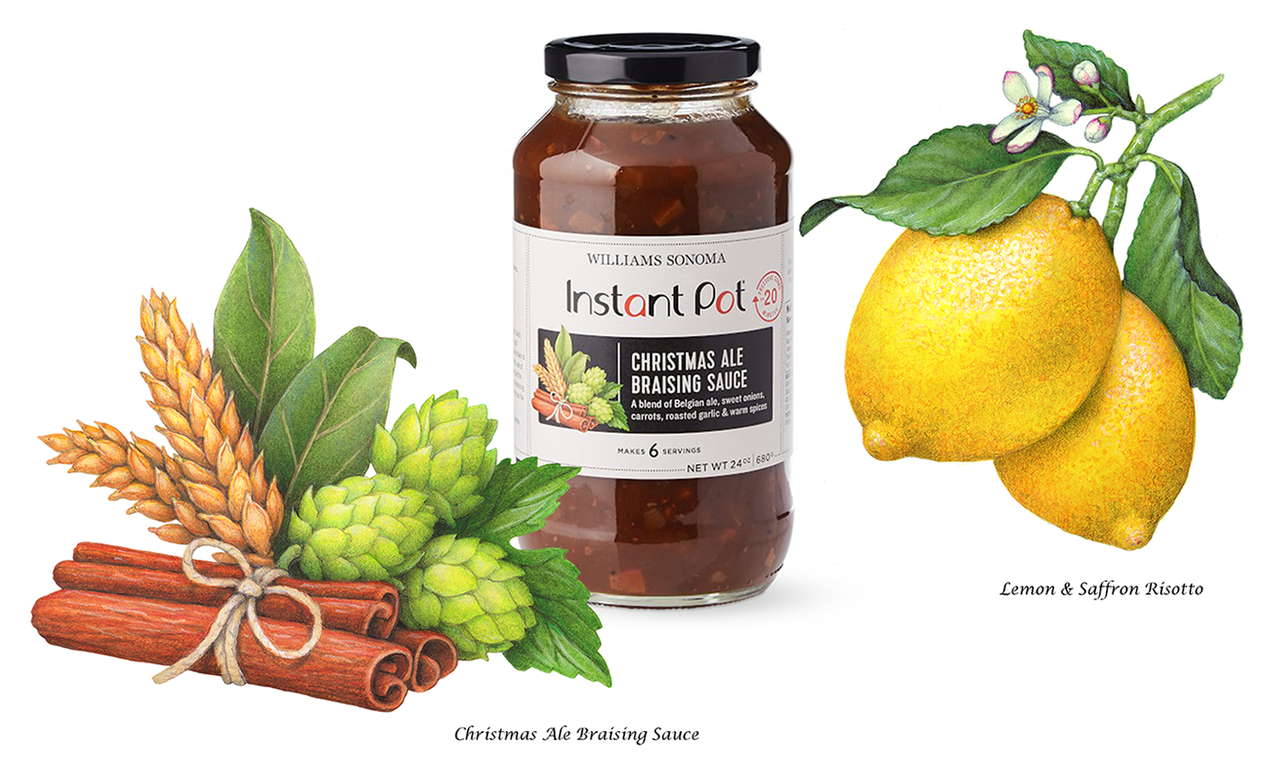 Ingredient illustrations for Christmas Ale Braising Sauce, and Lemon & Saffron Risotto packaging.