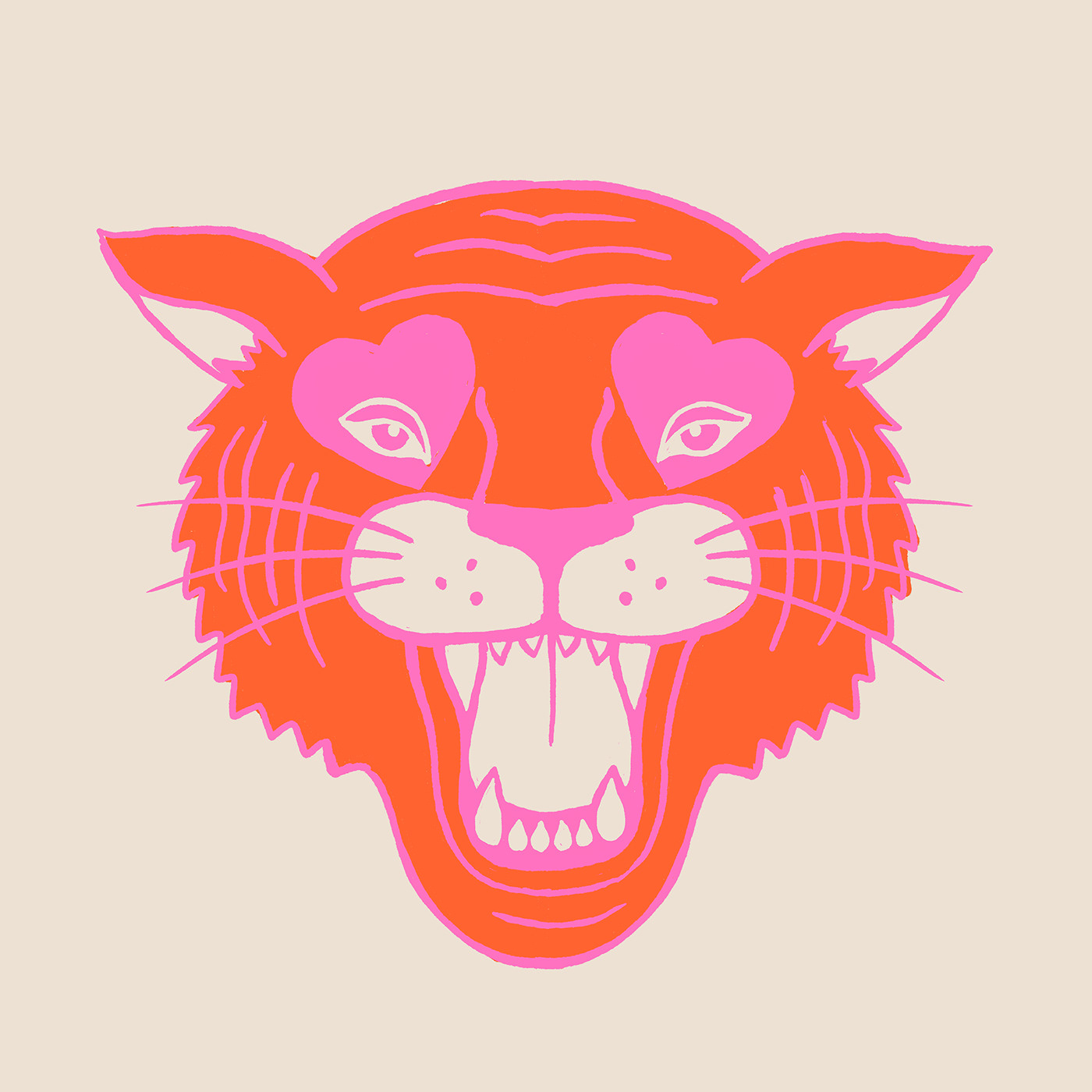 An illustration of a tiger face with hears around the eyes in a bright neon pink and orange color.