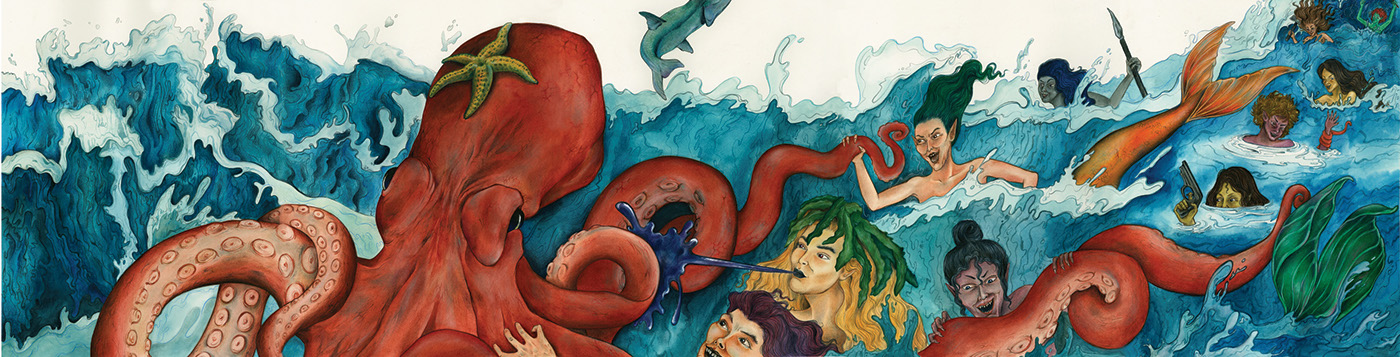 illustratio watercolo coloredpencil Octopu mermaid battl