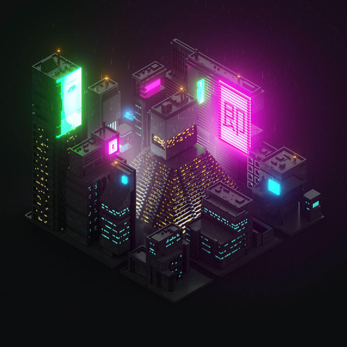 3D voxel Blade runner city neon night Isometric orthographic