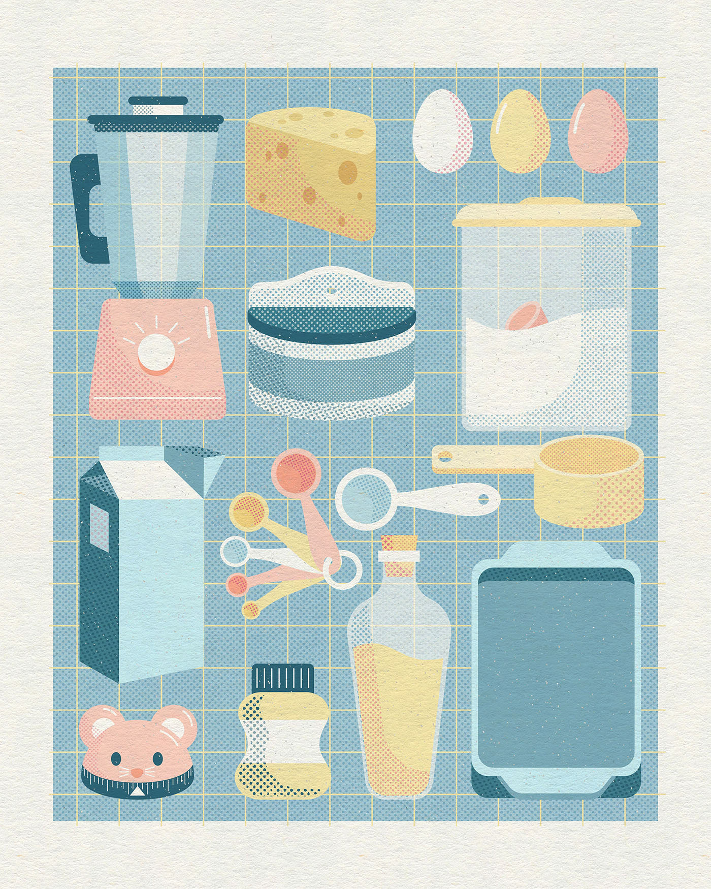 Illustrated cheese, eggs and kitchen appliances and utensils 