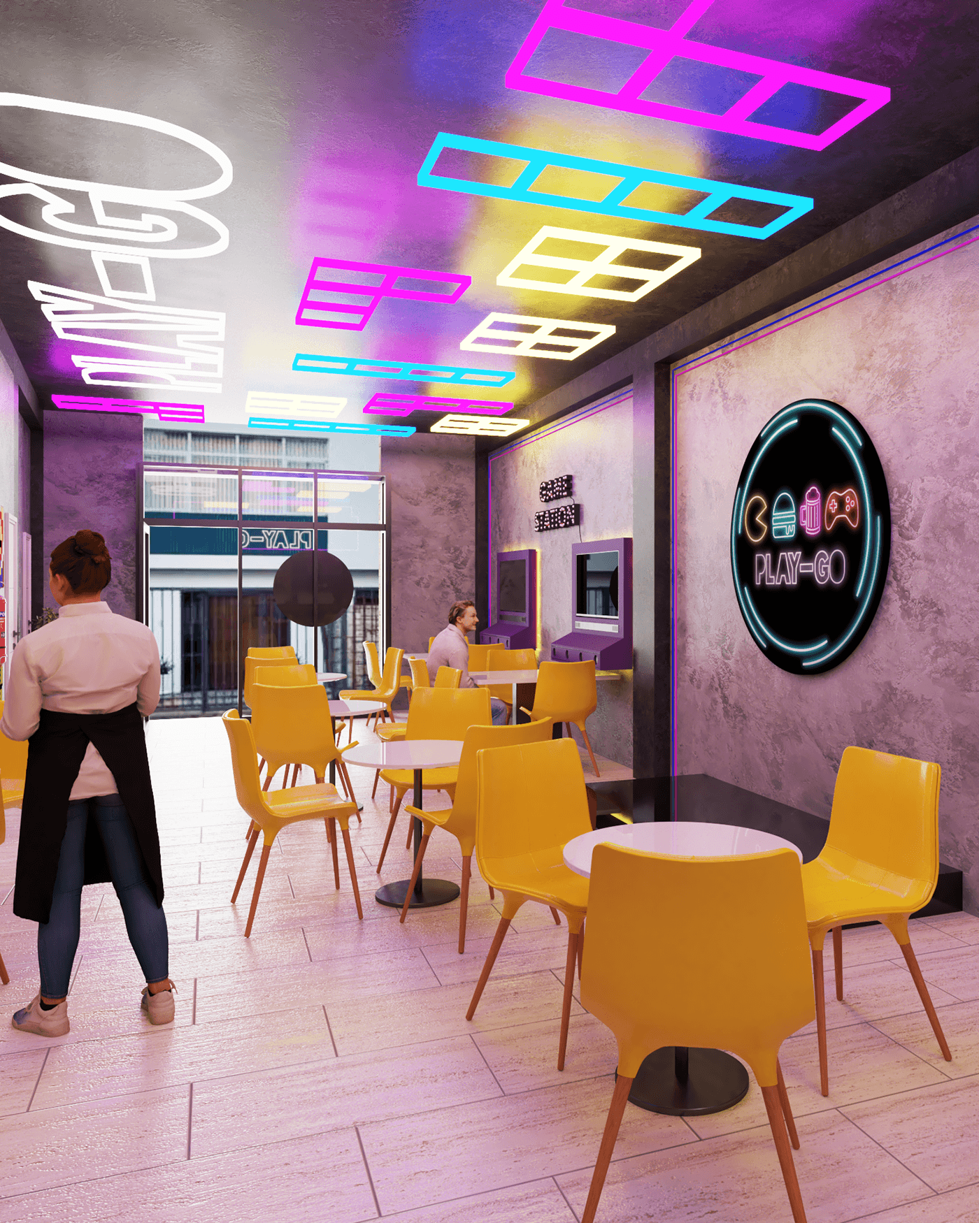 restaurante videojuegos Diseño de Interiores 3D vray interior design  neon lights Photography 