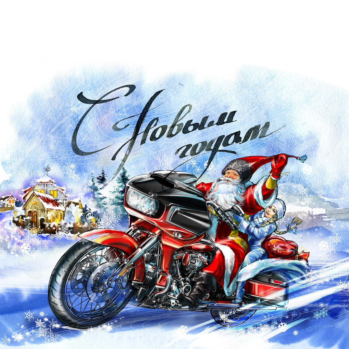 Christmas Harley Davidson motorcycle new year santa winter графический дизайн иллюстрация персонаж реклама