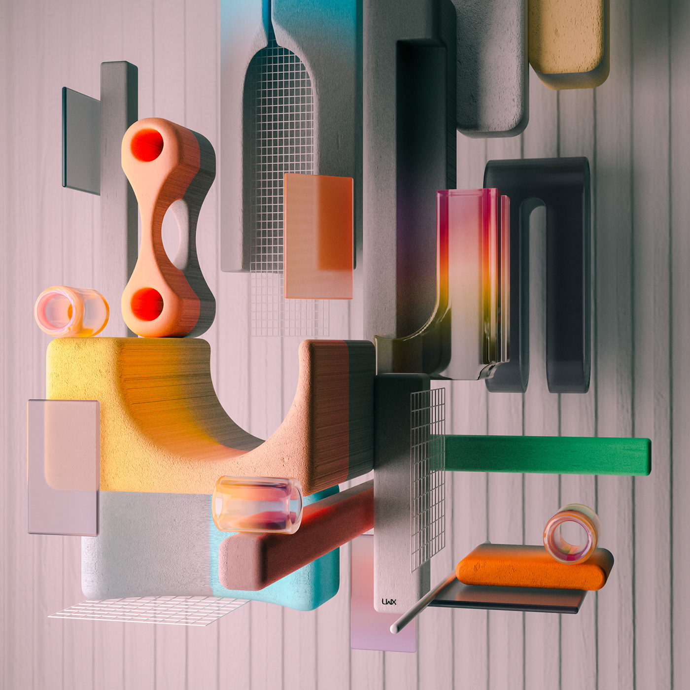 3D surreal colorful plexiglass concrete Abstract Art Modern Design floating fantasy digital illustration