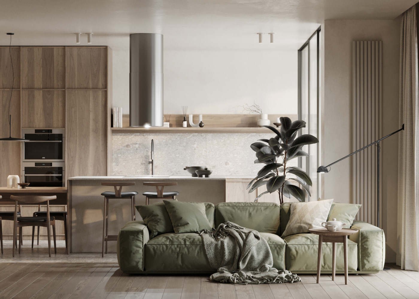 3ds max apartment Interior interior design  kitchen living room minimal Minimalism Render visualization