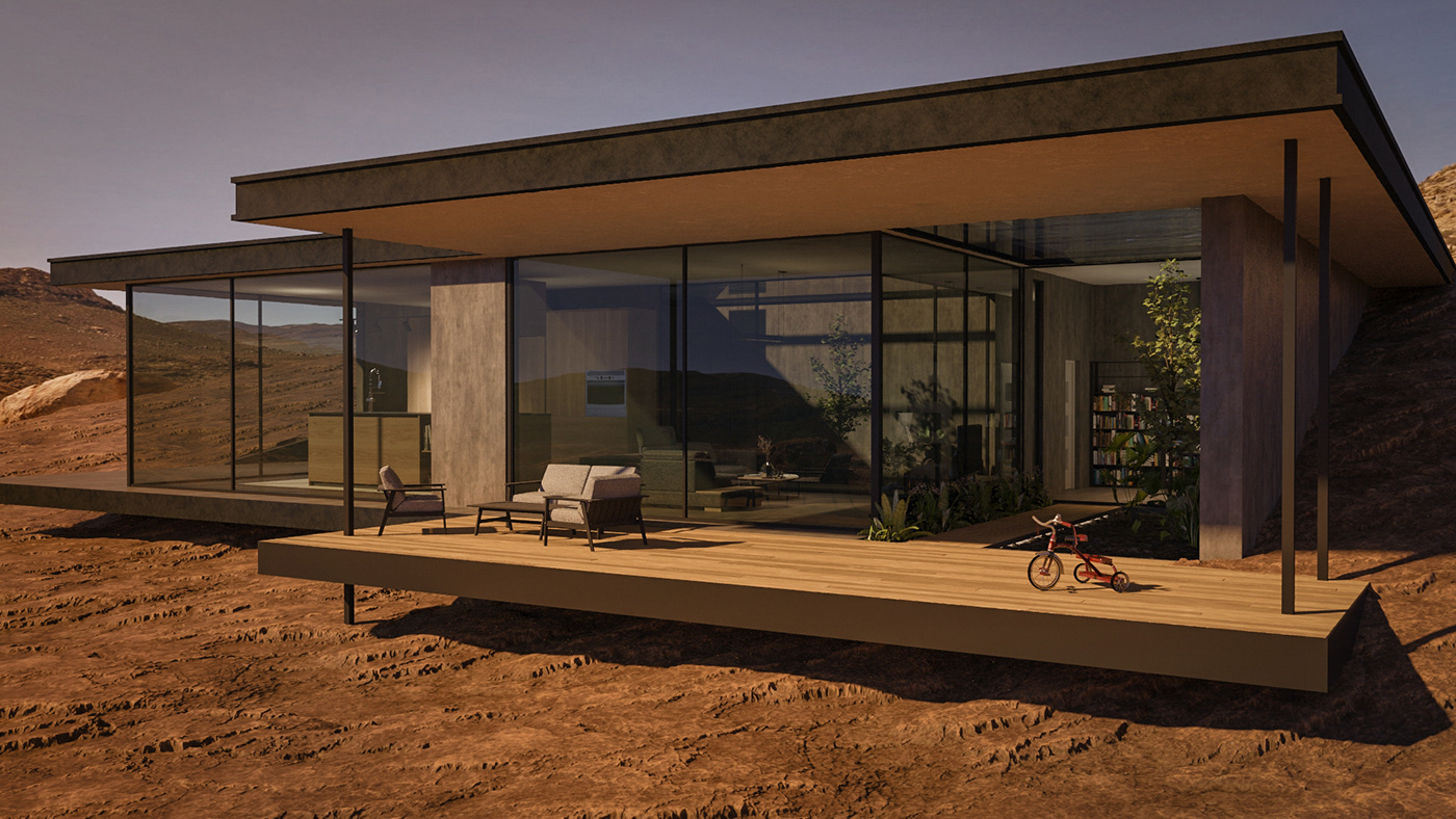 3dvisualization architecture building concept desert lighting minimal modern movie Villa