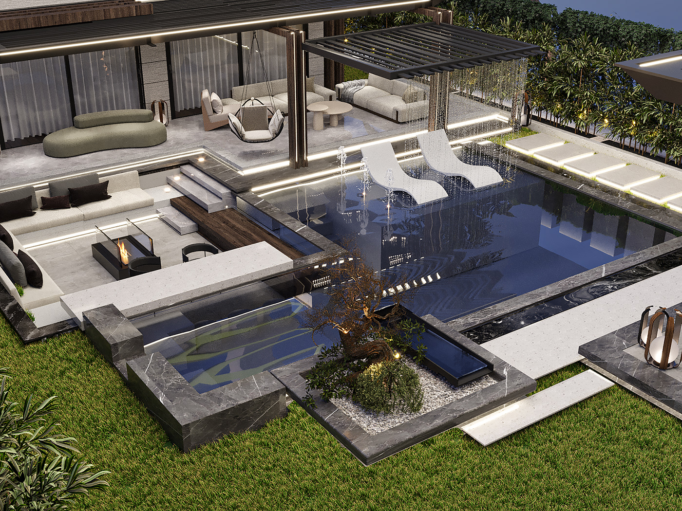 Outdoor Landscape garden background Pool house fountain terrace design Villa