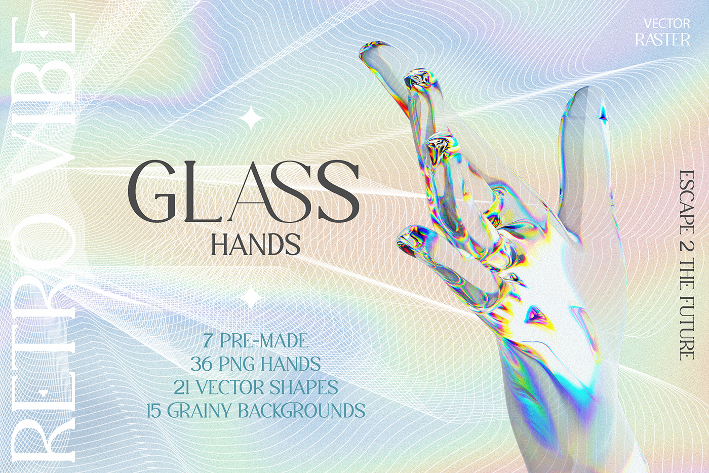 3d glass hand with dispersion effect in retro futuristic style