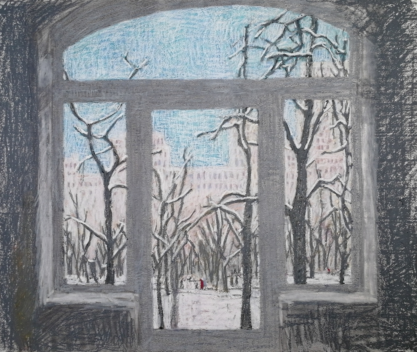 window landscape графика живопись зимний пейзаж картина в интерьер масляная пастель окно пейзаж серый снег