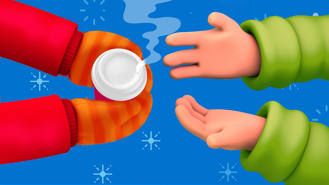2D 3D Character cheers cup Dunkin Donuts flat hands social