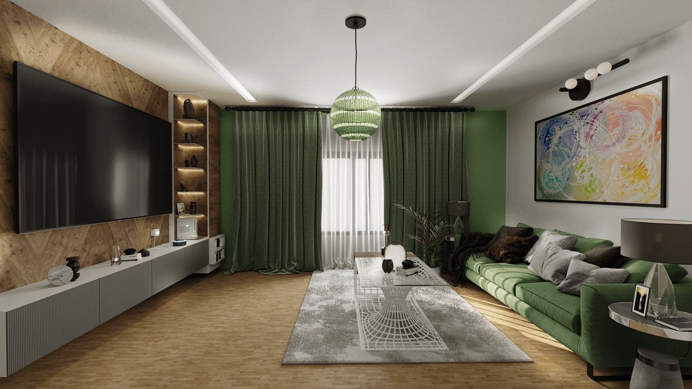 3d modeling 3ds max Render corona living room sage green design