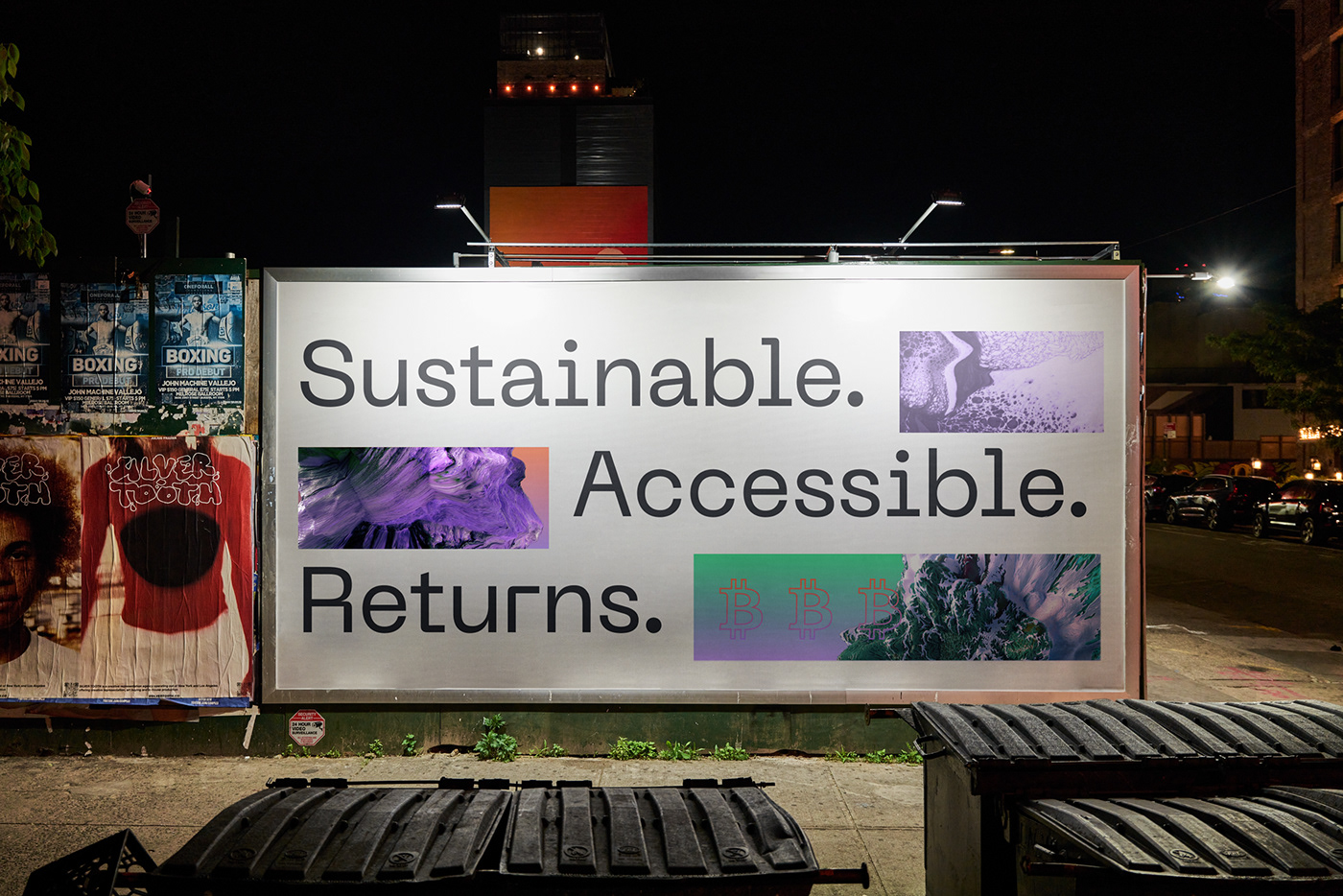 Billboard for Block Green that reads  "Sustainable, Accessible. Returns." with 3D elements gradient