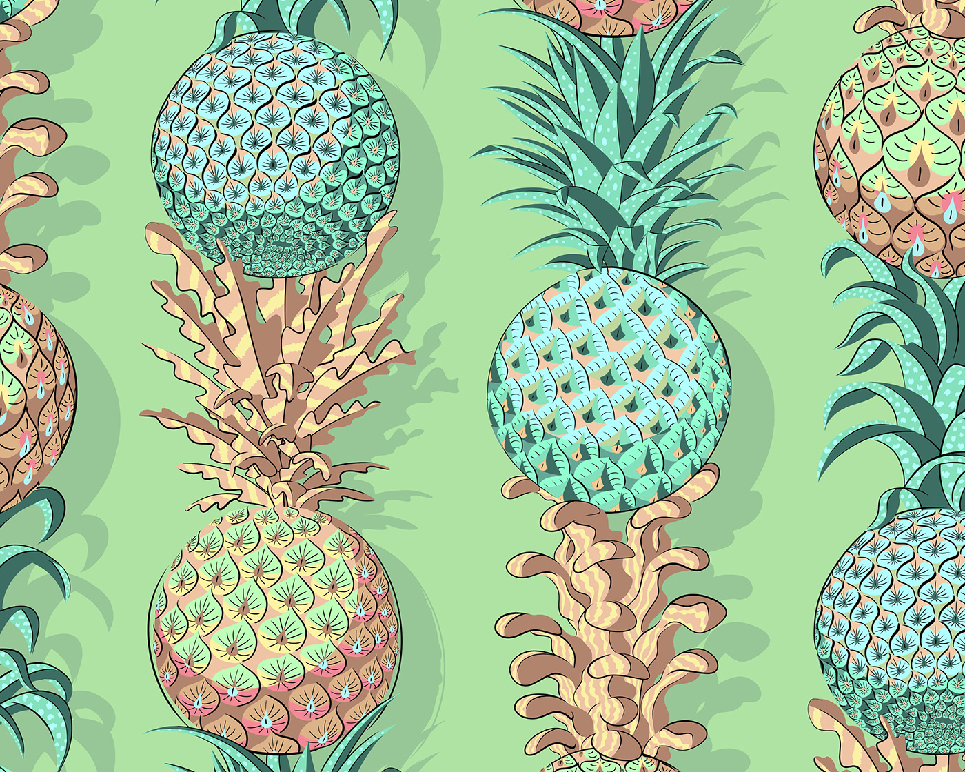 Finely-detailed digital illustration depicting stacks of pineapples in a repeat pattern.