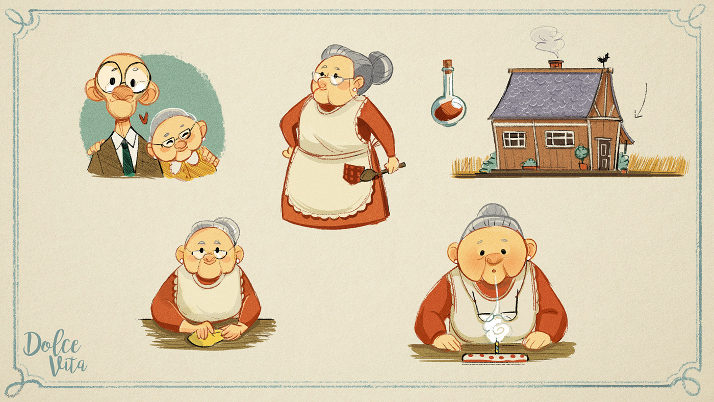short animation movie love story life old man old woman granny Character concept art dolce vita