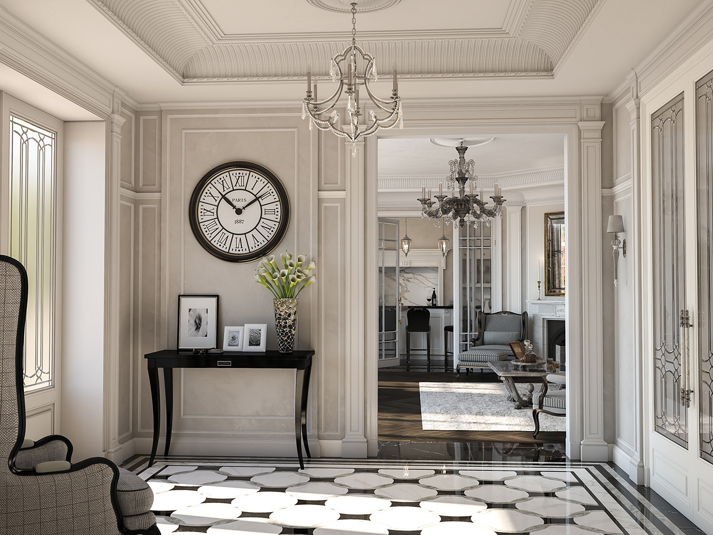 3D Interior Classic Villa Residence living room kitchen hallway design