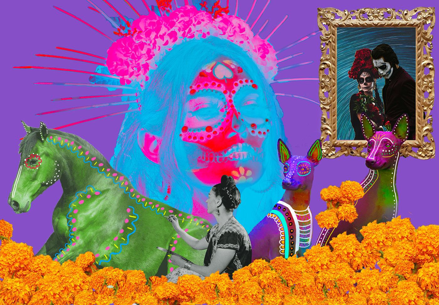 photo collage DayoftheDead photoshop Frida Kahlo Xolos bold colors