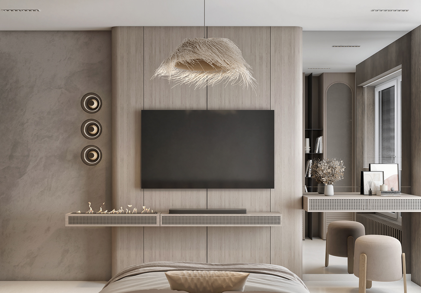 architecture interior design  visualization 3ds max vray Wabi Sabi master bedroom headboard mesh wood