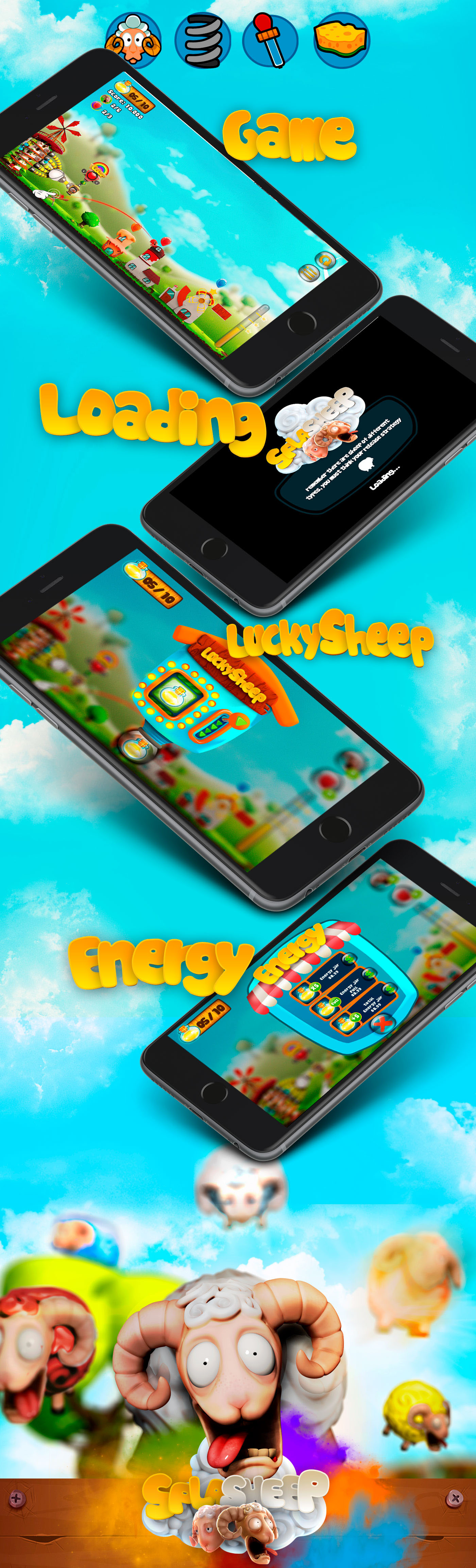 sheep game design paint color house splash Icon oveja verano colores UI mobile movil juego