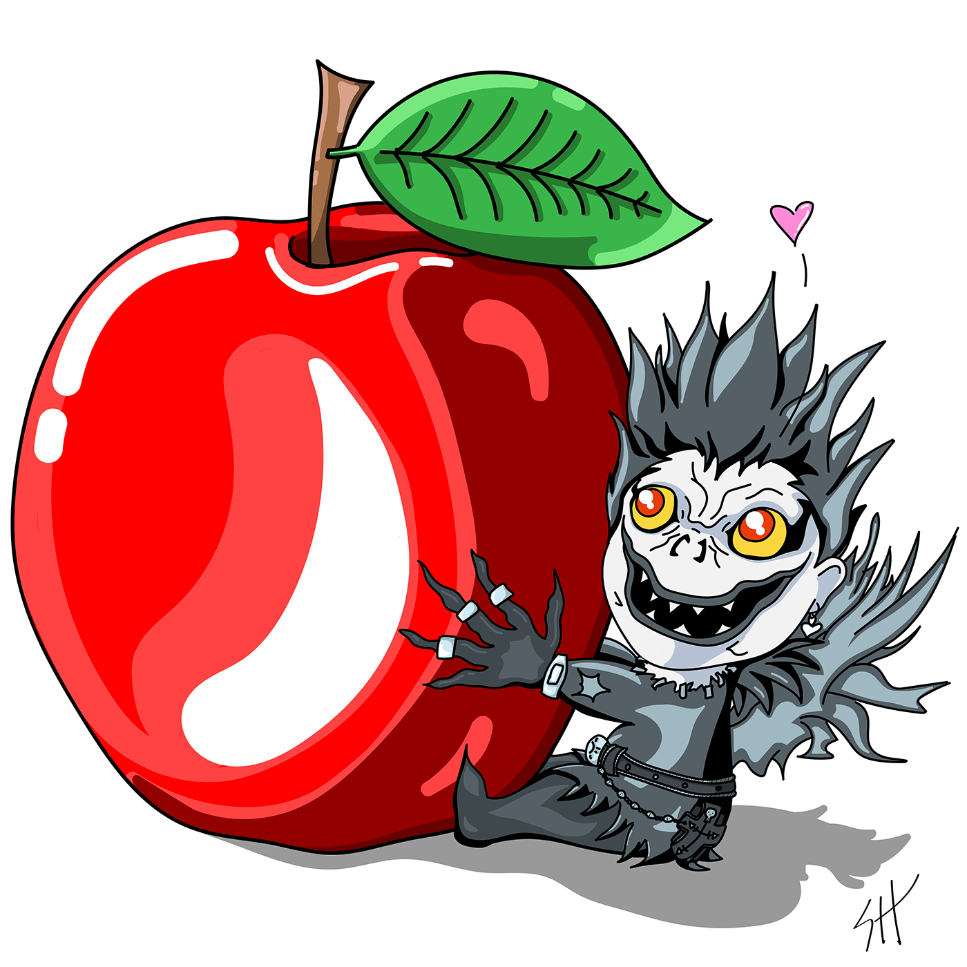A tiny Ryuk looks up at an apple in this worked inspired by the anime &apos...