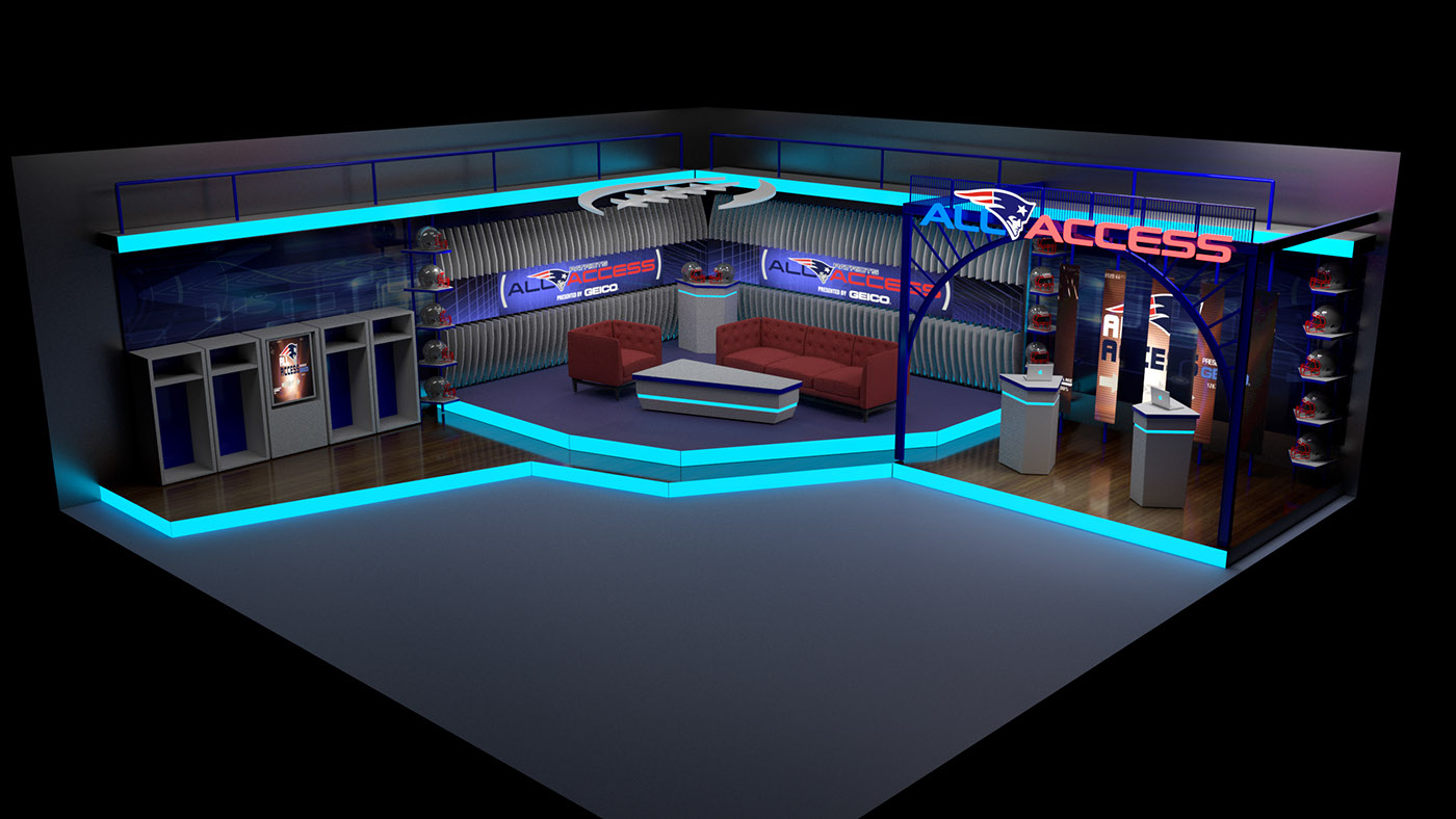 Maya set design  3d design nfl New England Patriots Tv show design Newsroom design EXHIBIT DESIGN