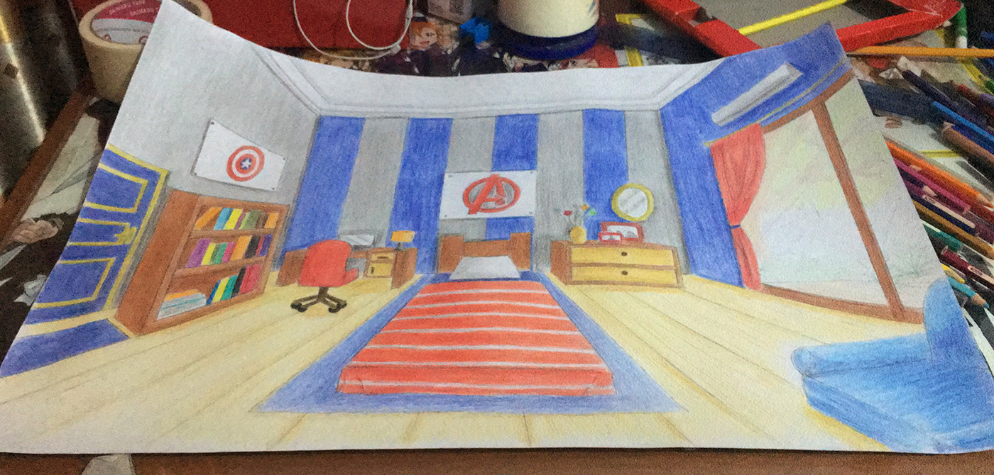 Perspective room Drawing  one perspective point satu titik hilang