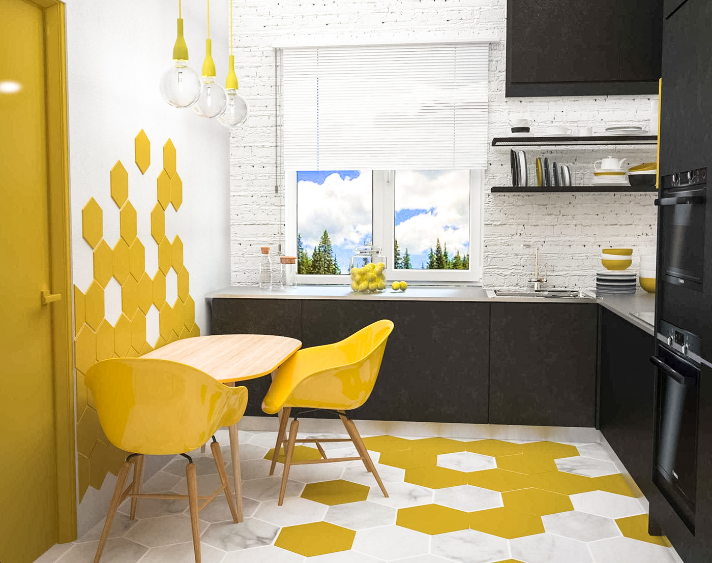 black yellow Interior design livengroom kitchen house