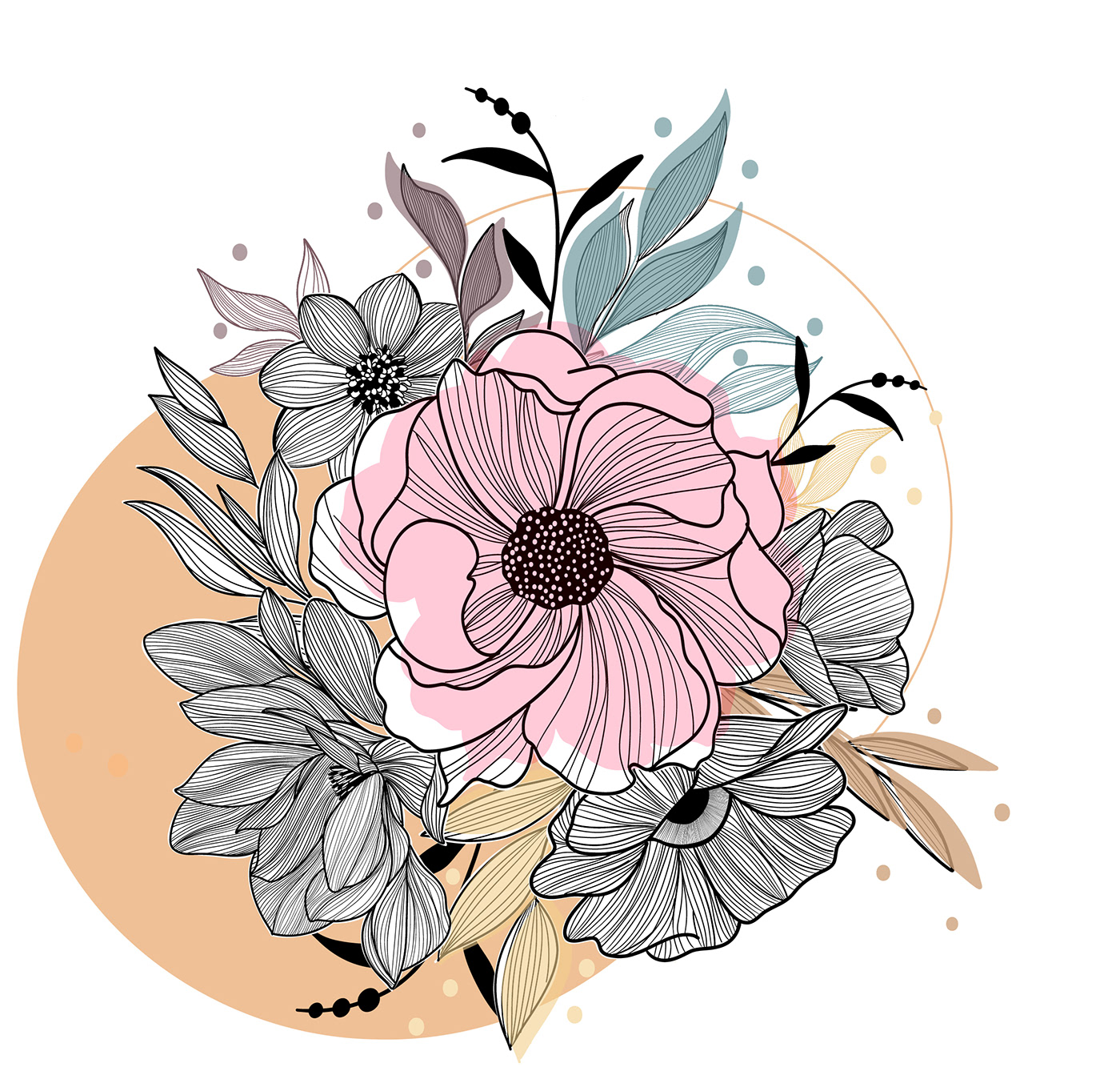 adobe fresco art black and white colors Digital Art  Drawing  floral Flowers ILLUSTRATION  lines painting  