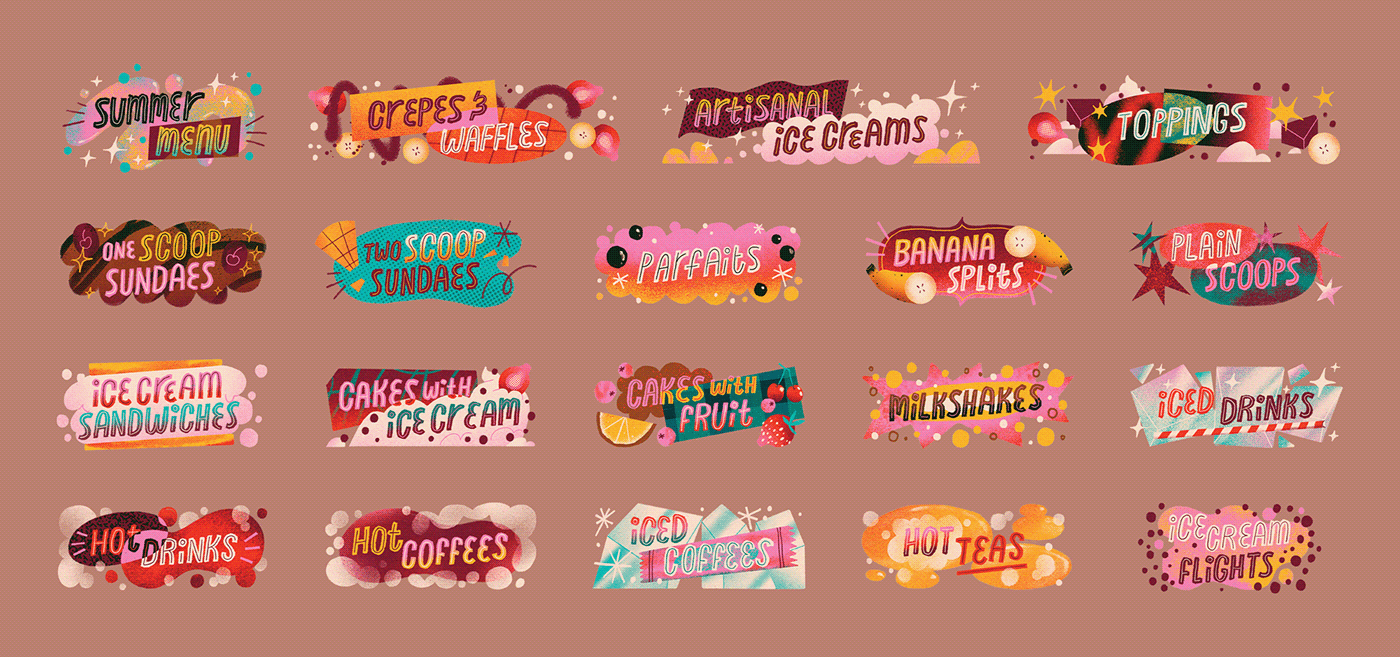 menu summer menu design illustrated menu desserts Sweets brand identity bill cards demetres