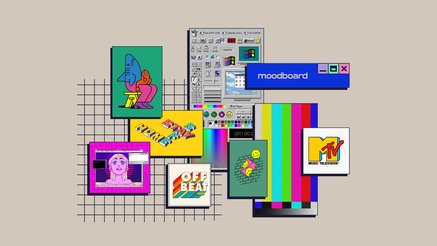 Moodboard com várias referências de ilustração e janelas do sistema operacional Windows 99.