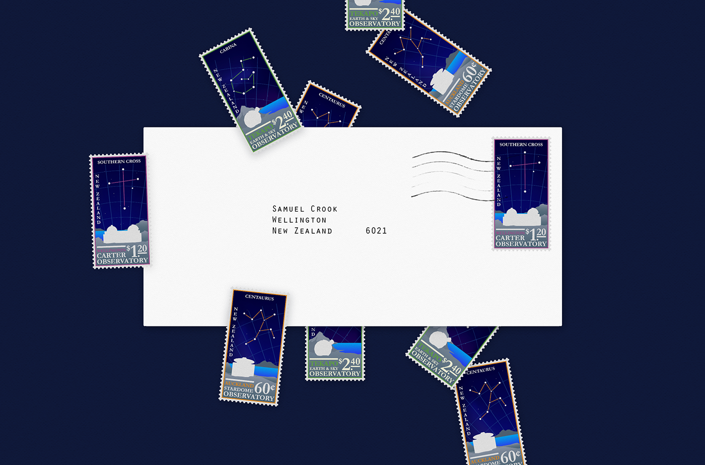 stamps Postage New Zealand stars Constellations design print post Collection Travel astronomy Observertory