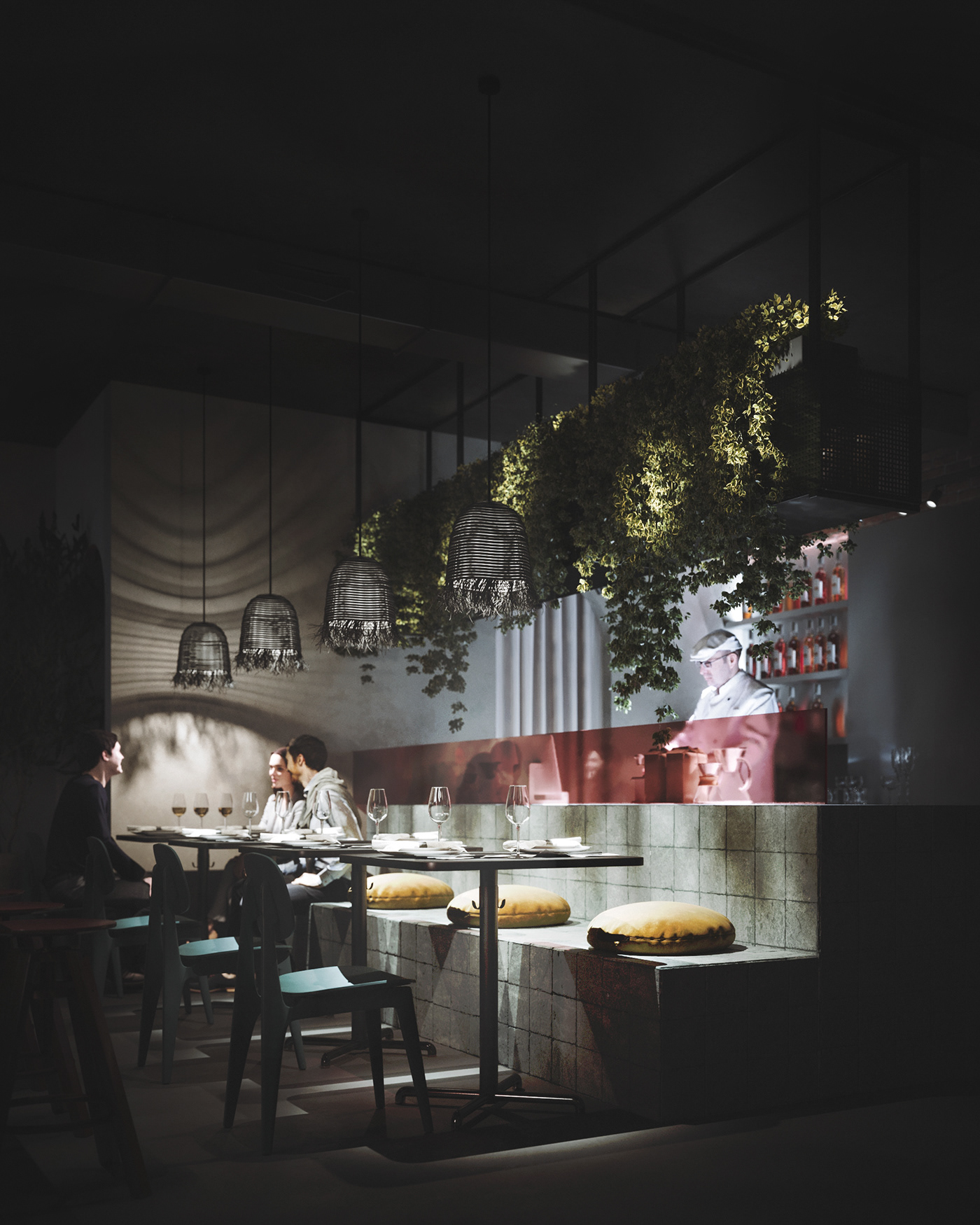 3D design Interior night plants restaurant visualisation visualization